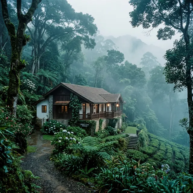 Colonial tea planter bungalow in the misty Sri Lankan hill country
