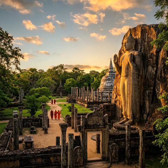Ancient Buddhist ruins at Polonnaruwa in golden light