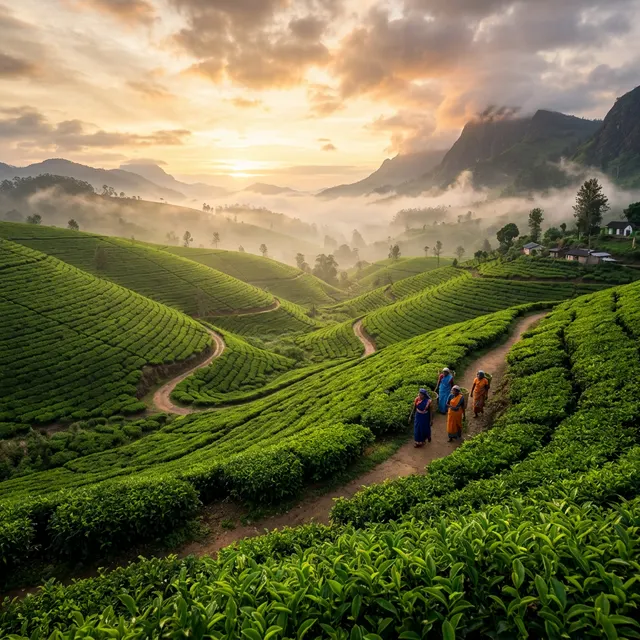 Sri Lankan tea plantations in the misty hill country
